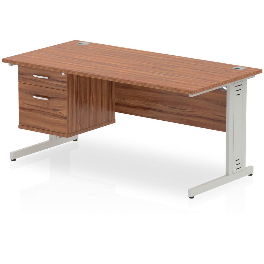 Impulse 1600 x 800mm Straight Desk Walnut Top Silver Cable Managed Leg 1 x 2 Drawer Fixed Pedestal