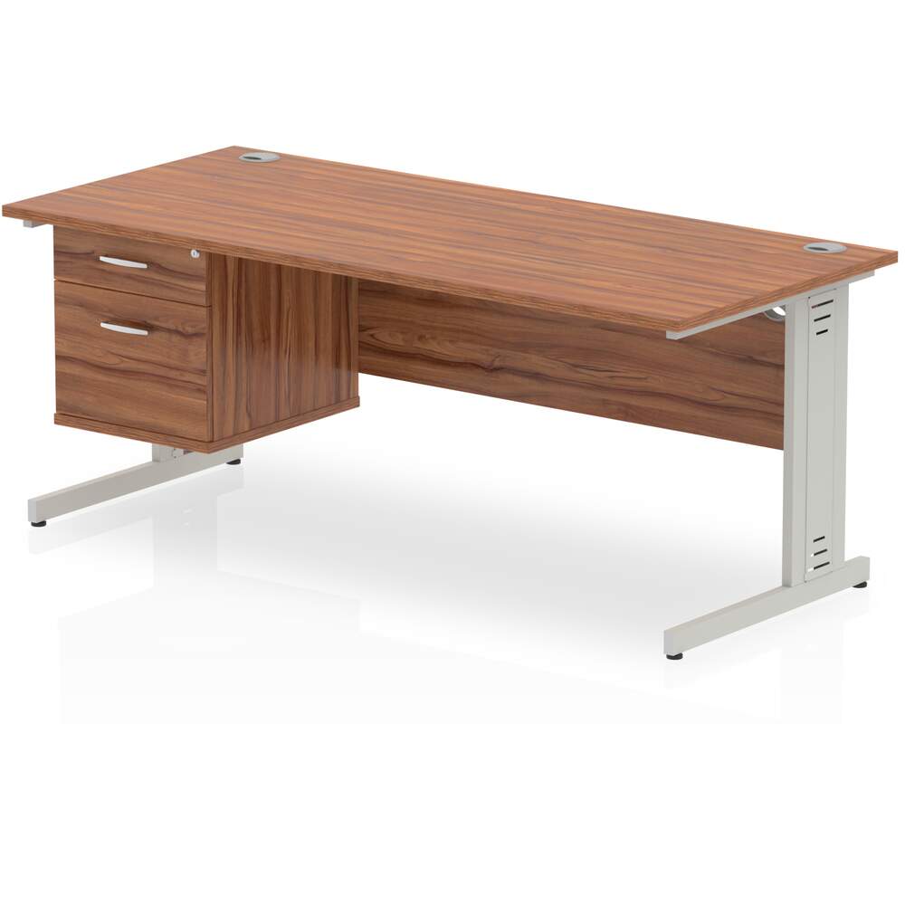 Impulse 1800 x 800mm Straight Desk Walnut Top Silver Cable Managed Leg 1 x 2 Drawer Fixed Pedestal