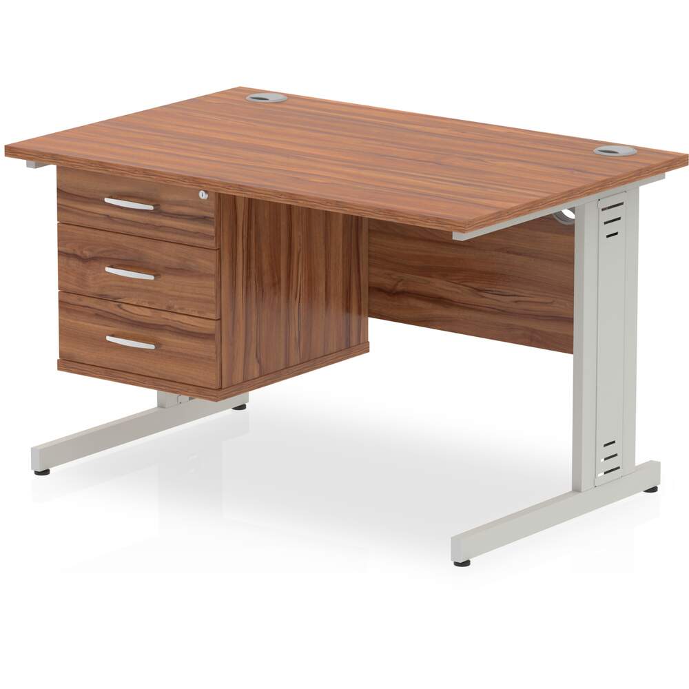 Impulse 1200 x 800mm Straight Desk Walnut Top Silver Cable Managed Leg with 1 x 3 Drawer Fixed Pedestal