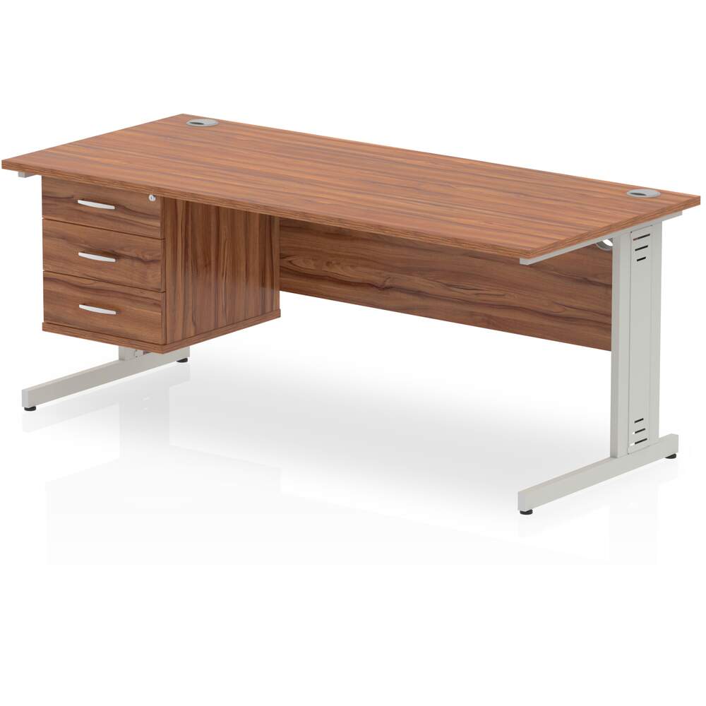 Impulse 1800 x 800mm Straight Desk Walnut Top Silver Cable Managed Leg 1 x 3 Drawer Fixed Pedestal