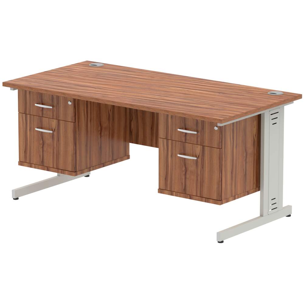 Impulse 1600 x 800mm Straight Desk Walnut Top Silver Cable Managed Leg 2 x 2 Drawer Fixed Pedestal