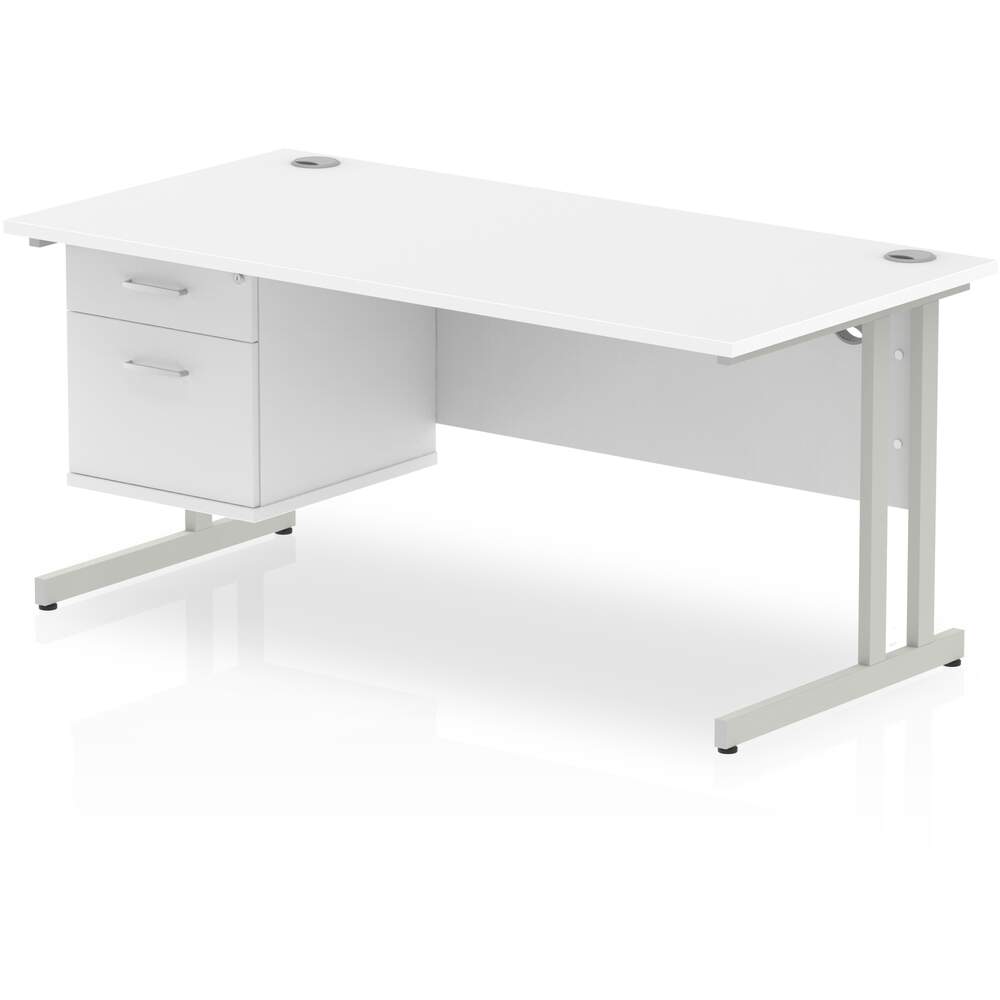 Impulse 1600 x 800mm Straight Desk White Top Silver Cantilever Leg 1 x 2 Drawer Fixed Pedestal