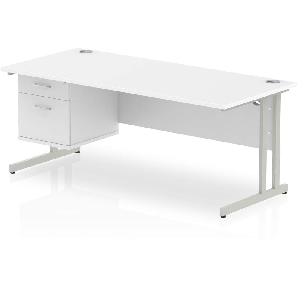 Impulse 1800 x 800mm Straight Desk White Top Silver Cantilever Leg 1 x 2 Drawer Fixed Pedestal