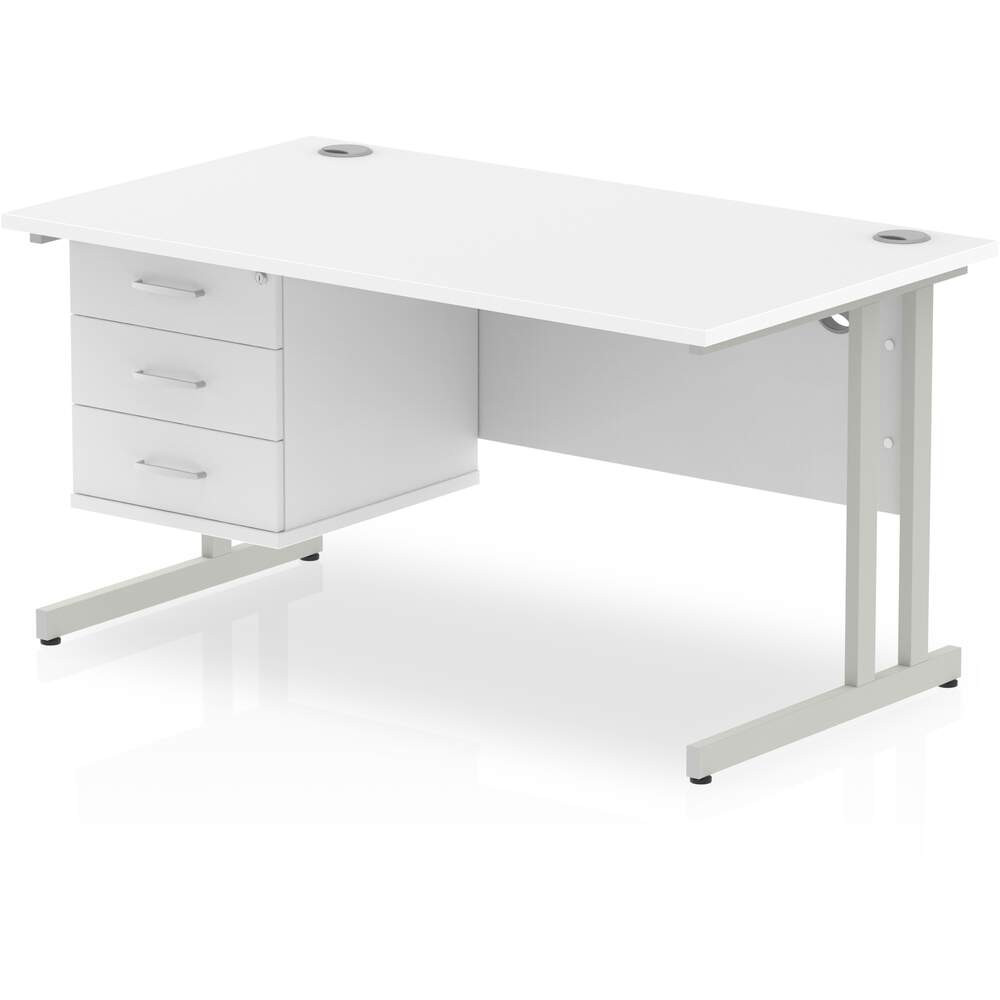 Impulse 1400 x 800mm Straight Desk White Top Silver Cantilever Leg with 1 x 3 Drawer Fixed Pedestal