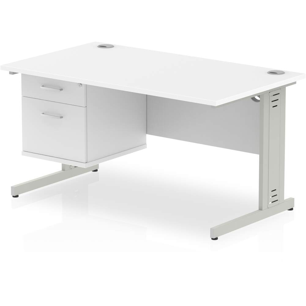 Impulse 1400 x 800mm Straight Desk White Top Silver Cable Managed Leg with 1 x 2 Drawer Fixed Pedestal