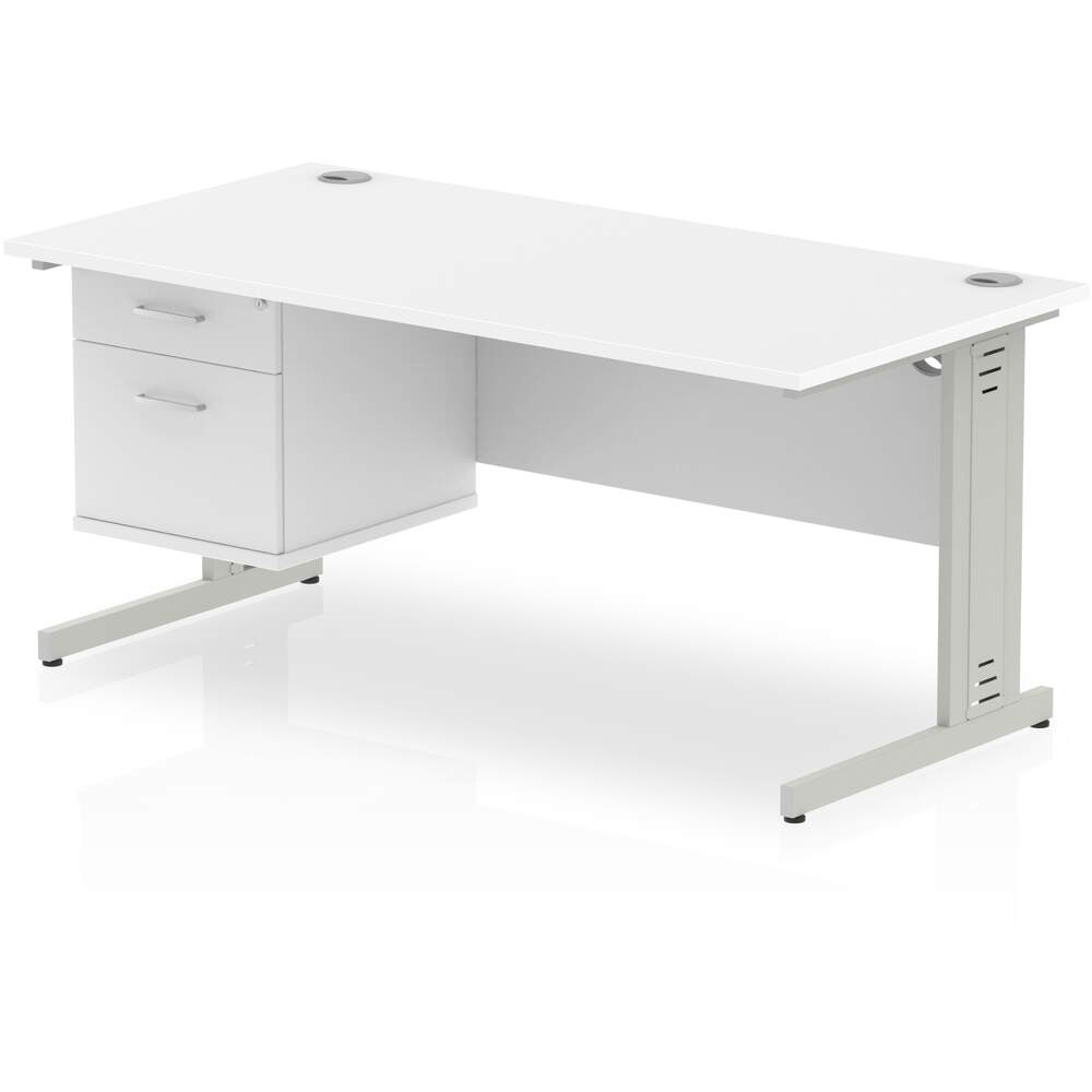 Impulse 1600 x 800mm Straight Desk White Top Silver Cable Managed Leg 1 x 2 Drawer Fixed Pedestal