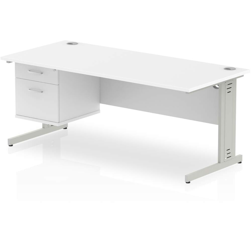 Impulse 1800 x 800mm Straight Desk White Top Silver Cable Managed Leg 1 x 2 Drawer Fixed Pedestal