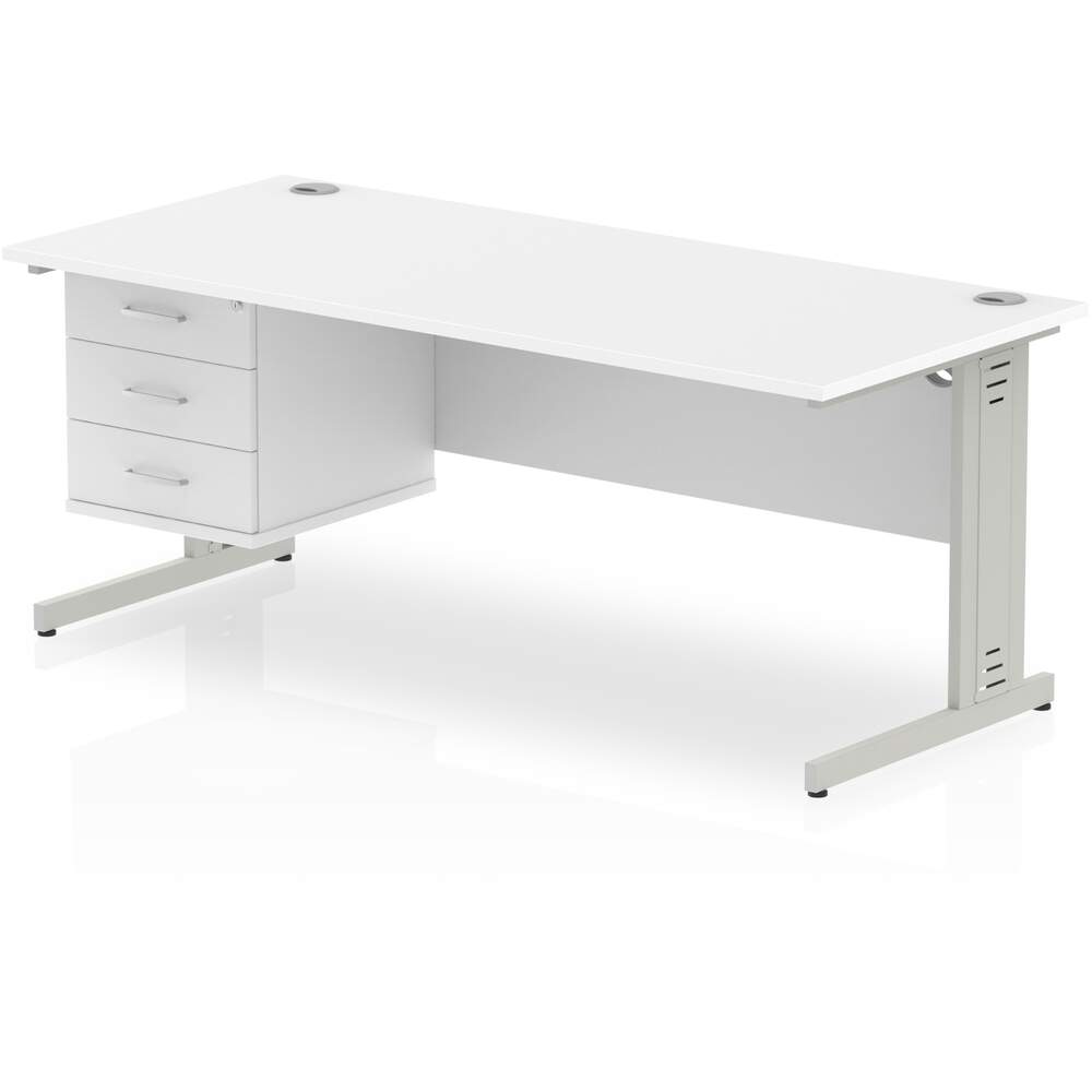 Impulse 1800 x 800mm Straight Desk White Top Silver Cable Managed Leg 1 x 3 Drawer Fixed Pedestal