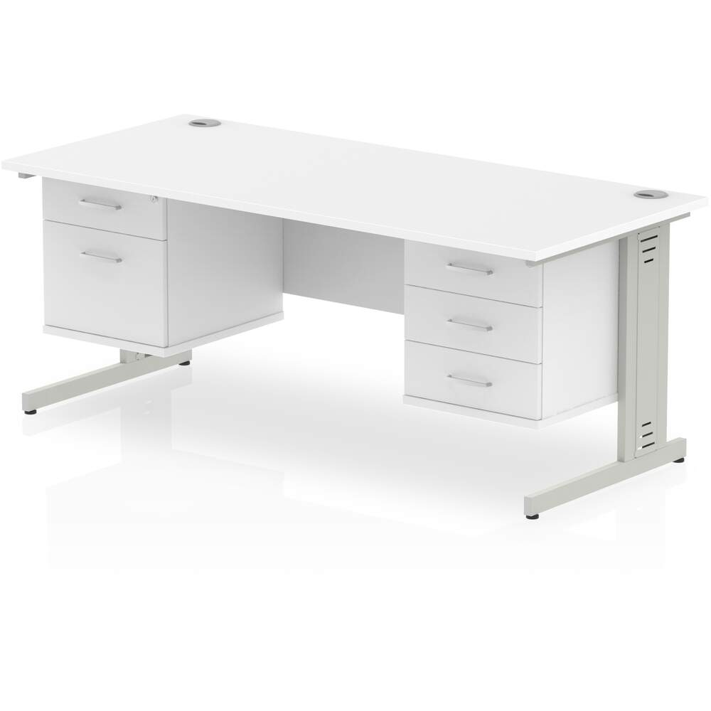 Impulse 1600 x 800mm Straight Desk White Top Silver Cable Managed Leg 1 x 2 Drawer 1 x 3 Drawer Fixed Pedestal