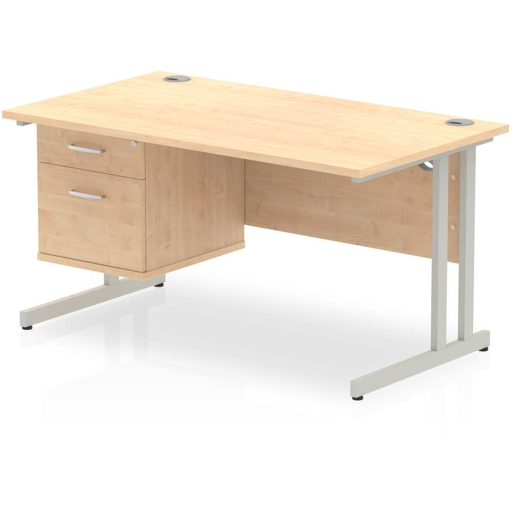 Impulse 1400 x 800mm Straight Desk Maple Top Silver Cantilever Leg with 1 x 2 Drawer Fixed Pedestal