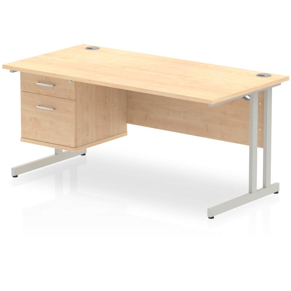 Impulse 1600 x 800mm Straight Desk Maple Top Silver Cantilever Leg 1 x 2 Drawer Fixed Pedestal