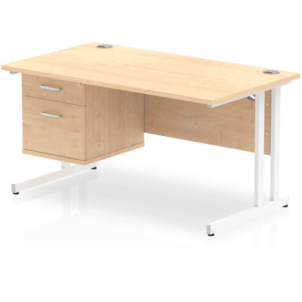 Impulse 1400 x 800mm Straight Desk Maple Top White Cantilever Leg with 1 x 2 Drawer Fixed Pedestal