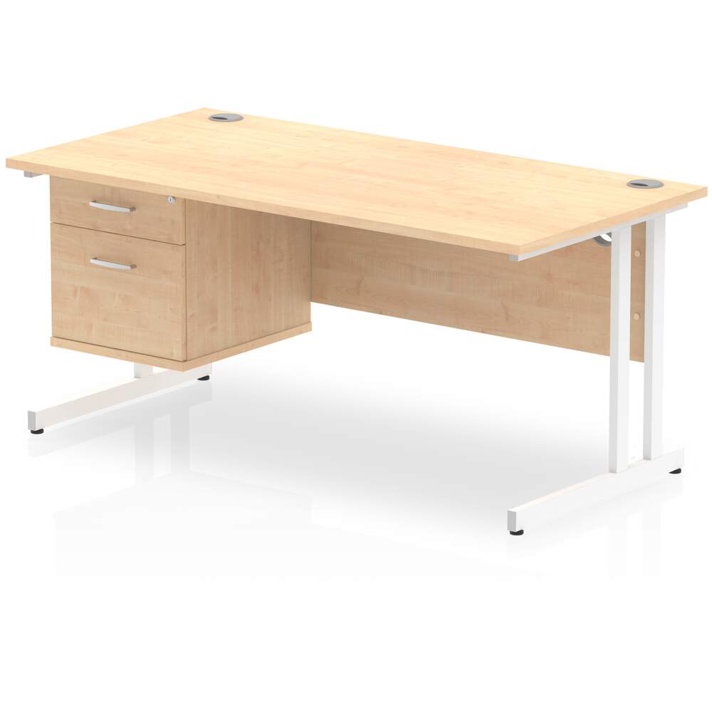 Impulse 1600 x 800mm Straight Desk Maple Top White Cantilever Leg 1 x 2 Drawer Fixed Pedestal