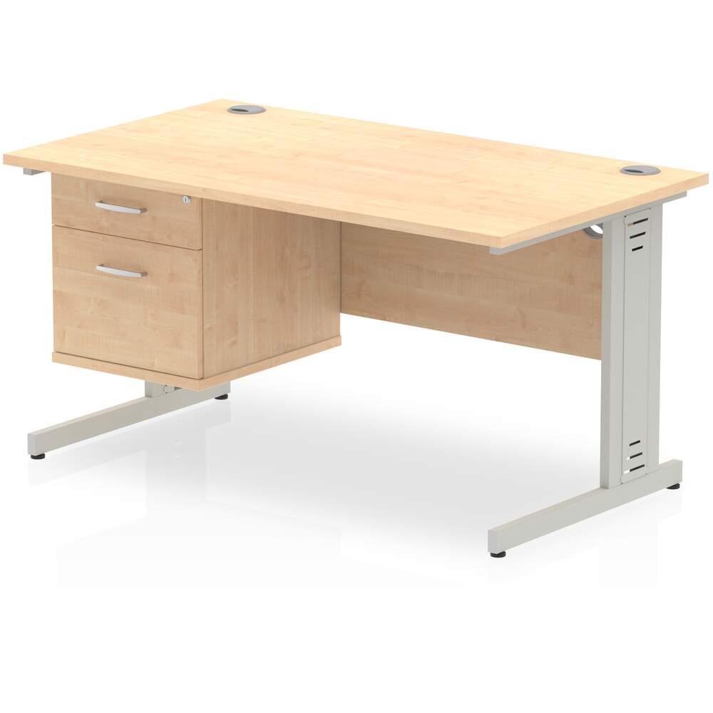 Impulse 1400 x 800mm Straight Desk Maple Top Silver Cable Managed Leg with 1 x 2 Drawer Fixed Pedestal