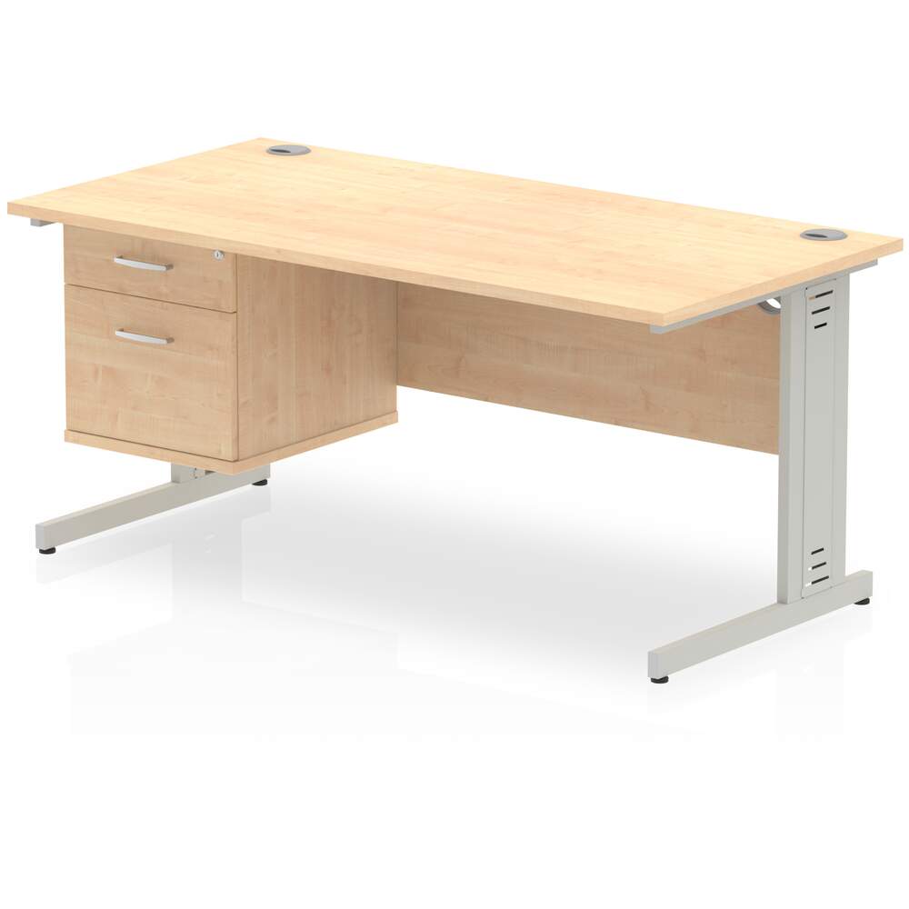 Impulse 1600 x 800mm Straight Desk Maple Top Silver Cable Managed Leg 1 x 2 Drawer Fixed Pedestal