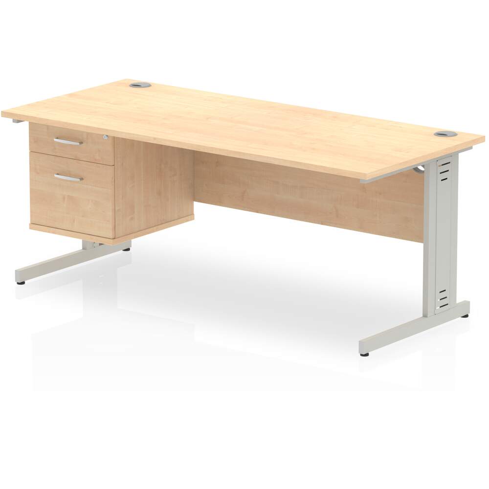 Impulse 1800 x 800mm Straight Desk Maple Top Silver Cable Managed Leg 1 x 2 Drawer Fixed Pedestal