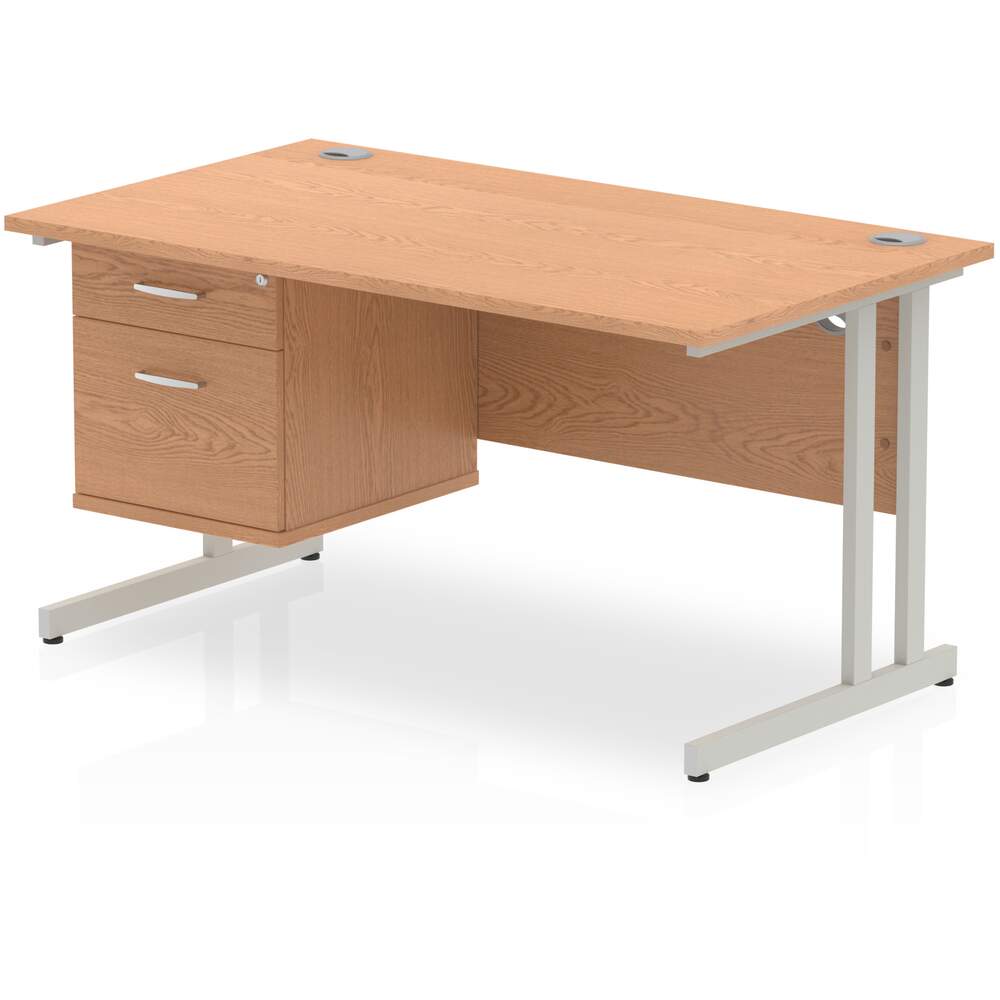 Impulse 1400 x 800mm Straight Desk Oak Top Silver Cantilever Leg with 1 x 2 Drawer Fixed Pedestal