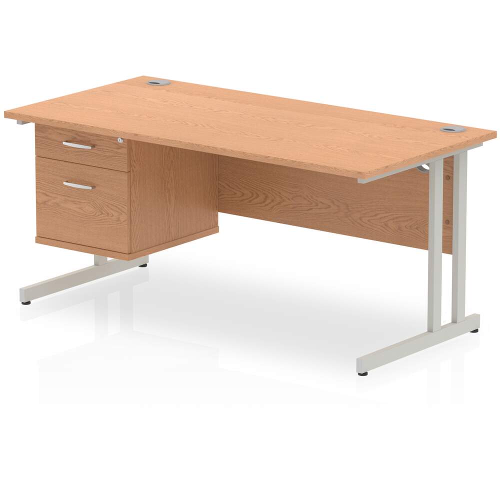 Impulse 1600 x 800mm Straight Desk Oak Top Silver Cantilever Leg 1 x 2 Drawer Fixed Pedestal