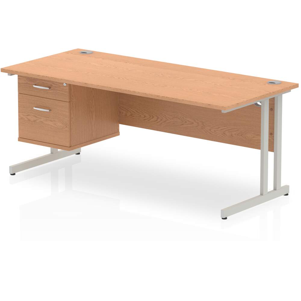 Impulse 1800 x 800mm Straight Desk Oak Top Silver Cantilever Leg 1 x 2 Drawer Fixed Pedestal