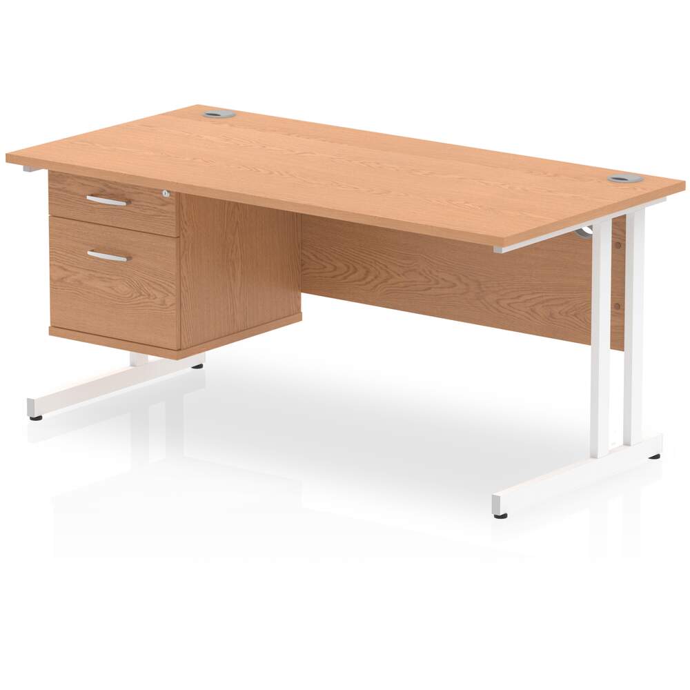 Impulse 1600 x 800mm Straight Desk Oak Top White Cantilever Leg 1 x 2 Drawer Fixed Pedestal