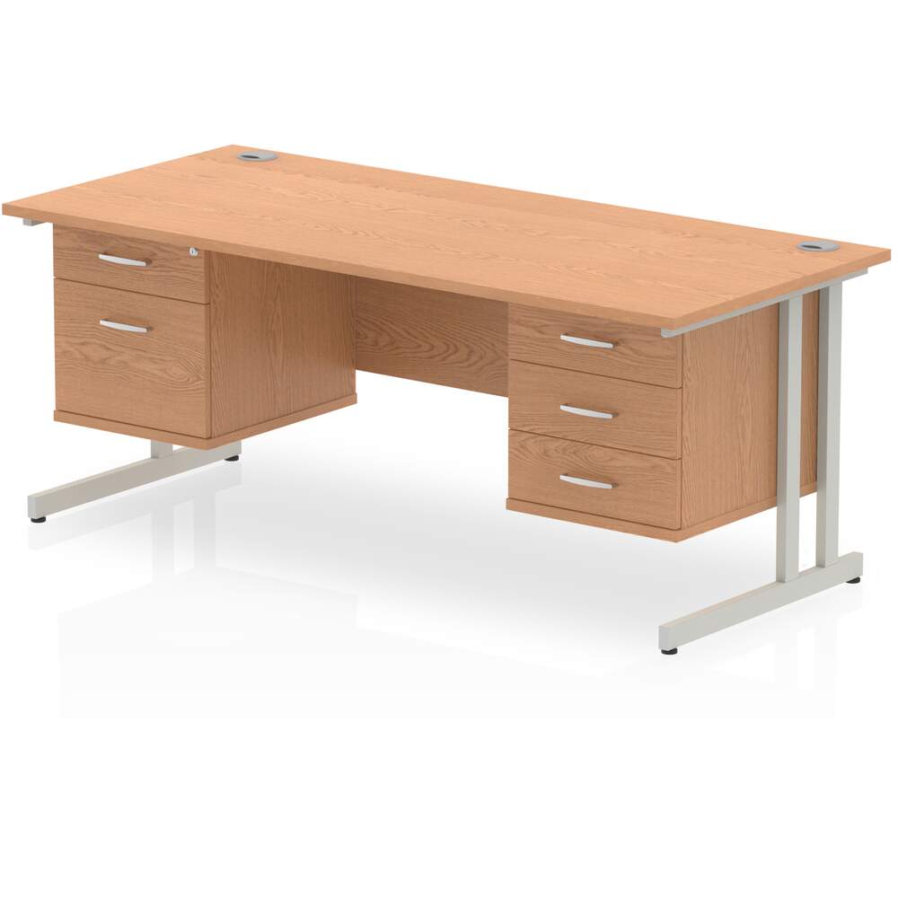 Impulse 1600 x 800mm Straight Desk Oak Top Silver Cantilever Leg 1 x 2 Drawer 1 x 3 Drawer Fixed Pedestal