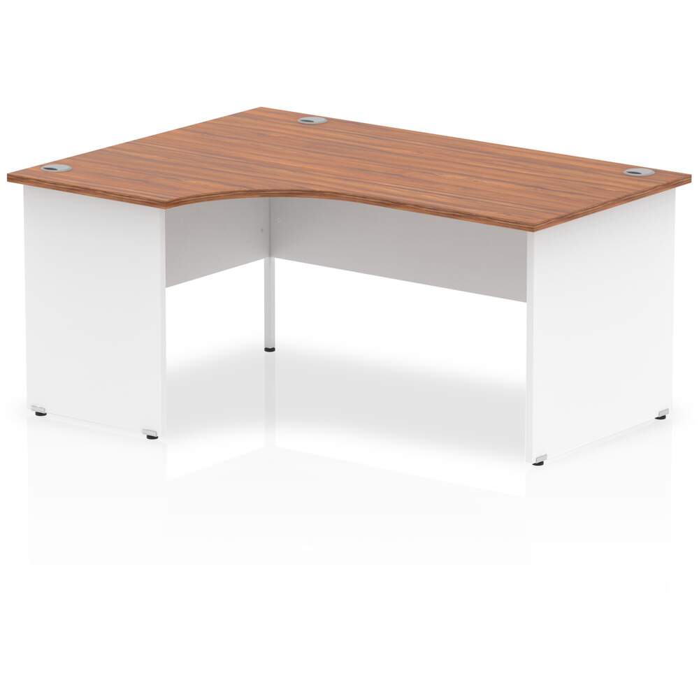 Impulse 1600mm Left Crescent Desk Walnut Top White Panel End Leg