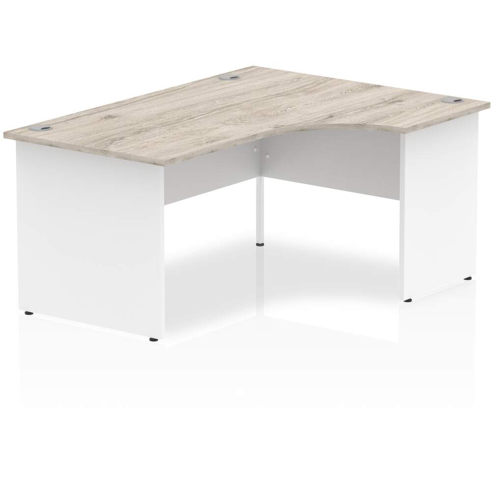 Impulse 1600mm Right Crescent Desk Grey Oak Top White Panel End Leg